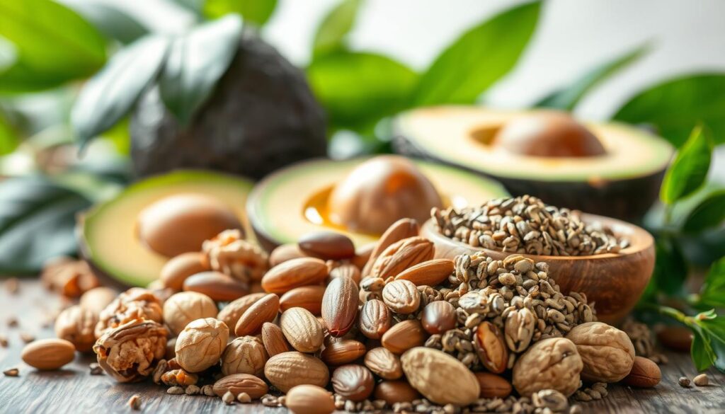 A still life arrangement featuring various healthy fats beneficial for hair health. In the foreground, a mix of whole nuts and seeds - walnuts, almonds, chia, and flaxseeds - arranged in a wooden bowl. In the middle ground, avocado slices and a drizzle of olive oil, symbolizing the monounsaturated and polyunsaturated fats that nourish hair follicles. In the background, a lush green leafy backdrop, suggesting the natural, wholesome essence of these hair-fortifying ingredients. Soft, diffused lighting illuminates the scene, creating a warm, appetizing mood. The composition emphasizes the bountiful, earthy tones of these healthy fats, inviting the viewer to consider their importance for vibrant, lustrous hair. A still life arrangement featuring various healthy fats beneficial for hair health. In the foreground, a mix of whole nuts and seeds - walnuts, almonds, chia, and flaxseeds - arranged in a wooden bowl. In the middle ground, avocado slices and a drizzle of olive oil, symbolizing the monounsaturated and polyunsaturated fats that nourish hair follicles. In the background, a lush green leafy backdrop, suggesting the natural, wholesome essence of these hair-fortifying ingredients. Soft, diffused lighting illuminates the scene, creating a warm, appetizing mood. The composition emphasizes the bountiful, earthy tones of these healthy fats, inviting the viewer to consider their importance for vibrant, lustrous hair.