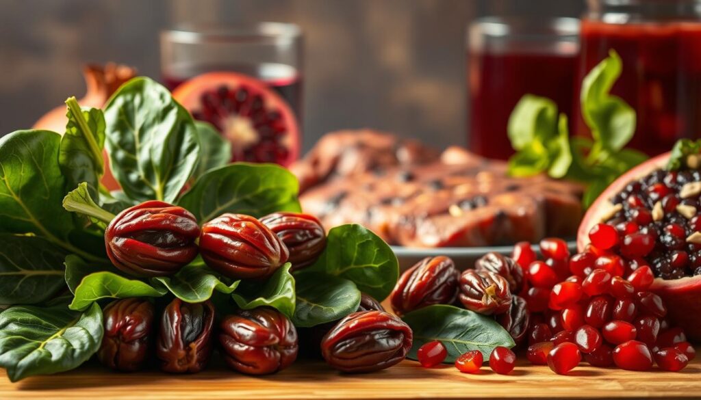 A vibrant, well-lit still life scene depicting an assortment of iron-rich foods that promote hair health. In the foreground, a cluster of dark green, leafy spinach leaves, their crisp textures and deep hues capturing the essence of iron-rich nutrition. Alongside them, a handful of rich, red dates, their wrinkled skins glistening with a hint of moisture. In the middle ground, a plate of lightly seared, juicy red meat, its tender fibers suggesting the protein content essential for strong, resilient hair. Finally, in the background, a glass of deep, ruby-red pomegranate juice, its tangy sweetness complementing the earthy, mineral-rich theme. The lighting is warm and flattering, casting a soft glow over the scene and highlighting the vibrant colors and textures of the ingredients, creating an appetizing and visually appealing representation of the "Iron - Key to Strong Hair" concept. A vibrant, well-lit still life scene depicting an assortment of iron-rich foods that promote hair health. In the foreground, a cluster of dark green, leafy spinach leaves, their crisp textures and deep hues capturing the essence of iron-rich nutrition. Alongside them, a handful of rich, red dates, their wrinkled skins glistening with a hint of moisture. In the middle ground, a plate of lightly seared, juicy red meat, its tender fibers suggesting the protein content essential for strong, resilient hair. Finally, in the background, a glass of deep, ruby-red pomegranate juice, its tangy sweetness complementing the earthy, mineral-rich theme. The lighting is warm and flattering, casting a soft glow over the scene and highlighting the vibrant colors and textures of the ingredients, creating an appetizing and visually appealing representation of the "Iron - Key to Strong Hair" concept.