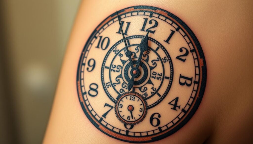 A analog clock tattoo with intricate gear work and a warm, aged appearance, set against a softly blurred background. The clock face shows the hands frozen at a symbolic time, conveying the ephemeral nature of time. Muted, golden-brown tones evoke a sense of timelessness and reflection. The design is crisp and detailed, with attention to the subtle textures of the skin and the metallic sheen of the clockwork. The overall composition suggests themes of temporality, the passing of time, and a contemplative examination of one's life journey. A analog clock tattoo with intricate gear work and a warm, aged appearance, set against a softly blurred background. The clock face shows the hands frozen at a symbolic time, conveying the ephemeral nature of time. Muted, golden-brown tones evoke a sense of timelessness and reflection. The design is crisp and detailed, with attention to the subtle textures of the skin and the metallic sheen of the clockwork. The overall composition suggests themes of temporality, the passing of time, and a contemplative examination of one's life journey.