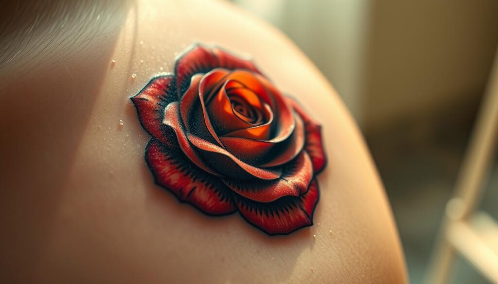A captivating close-up of a delicate rose tattoo, rendered with intricate detail and vibrant hues. The intricate petals unfurl across the skin, their soft edges subtly illuminated by warm, natural lighting that casts a gentle glow. The tattoo's placement draws the eye, inviting the viewer to linger and appreciate the rose's symbolic meaning of love, beauty, and emotional depth. The background fades into a hazy, dreamlike softness, allowing the tattoo to take center stage and convey a sense of intimate, personal significance.