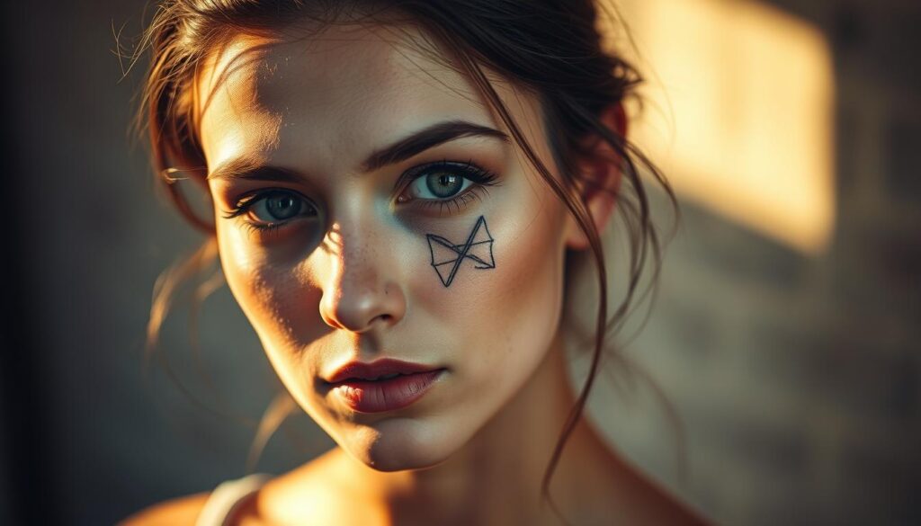 A captivating portrait of a young woman, her face adorned with a delicate tattoo. The design is a striking blend of intricate lines and subtle shading, capturing the essence of her inner beauty and mysterious allure. Set against a softly blurred background, the woman's gaze is pensive, inviting the viewer to ponder the deeper meaning behind her ink. Warm, natural lighting casts gentle shadows, accentuating the contours of her face and the intricate details of the tattoo. The overall atmosphere exudes a sense of contemplation and emotional depth, perfectly embodying the theme of "Tatuaż twarz dziewczyny znaczenie".