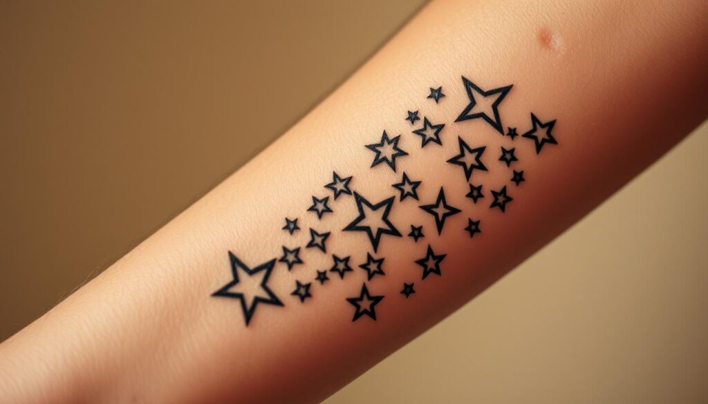 A close-up shot of a man's forearm, featuring a detailed tattoo of a cluster of stars. The stars are arranged in a dynamic, asymmetrical pattern, with varying sizes and intensities, creating a sense of movement and energy. The tattoo is crisp and well-defined, with a mixture of bold lines and delicate shading that gives it a striking visual impact. The skin tone provides a natural, warm backdrop that complements the inky blackness of the tattoo. The lighting is soft and directional, casting subtle shadows that accentuate the three-dimensional quality of the design. The overall composition conveys a sense of personal significance, power, and spiritual connection, capturing the meaning of the "tatuaże gwiazdki męskie" in a visually compelling way. A close-up shot of a man's forearm, featuring a detailed tattoo of a cluster of stars. The stars are arranged in a dynamic, asymmetrical pattern, with varying sizes and intensities, creating a sense of movement and energy. The tattoo is crisp and well-defined, with a mixture of bold lines and delicate shading that gives it a striking visual impact. The skin tone provides a natural, warm backdrop that complements the inky blackness of the tattoo. The lighting is soft and directional, casting subtle shadows that accentuate the three-dimensional quality of the design. The overall composition conveys a sense of personal significance, power, and spiritual connection, capturing the meaning of the "tatuaże gwiazdki męskie" in a visually compelling way.