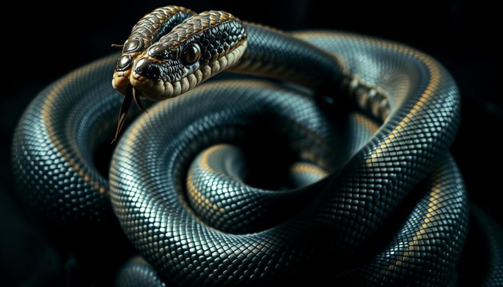 A coiled snake with striking scales, its head raised in a defensive posture, symbolizing the inherent danger and unpredictability associated with the snake tattoo. The serpent's piercing gaze and tensed muscles convey a sense of impending threat, set against a dark, ominous backdrop that heightens the foreboding atmosphere. Intricate patterns and textures adorn the snake's body, adding depth and realism to the image. Dramatic lighting casts dramatic shadows, emphasizing the predatory nature of the subject and the potential consequences of underestimating its power. An image that captures the essence of the snake as a symbol of danger, a warning to those who dare to venture too close.
