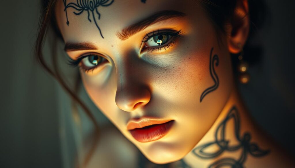 A delicate and ethereal face, adorned with intricate tattoos that seem to dance across the skin. The subject's eyes are captivating, conveying a sense of mystery and inner strength. The lighting is soft and diffused, creating a serene, almost otherworldly atmosphere. The tattoos, rendered in a myriad of fine lines and elegant patterns, complement the subject's features, highlighting their natural beauty. The background is hazy and dreamlike, allowing the focus to remain on the intricate artistry of the tattoos and the captivating expression of the subject. This image aims to showcase the beauty and artistry of facial tattoos, capturing the delicate balance between the physical and the spiritual.