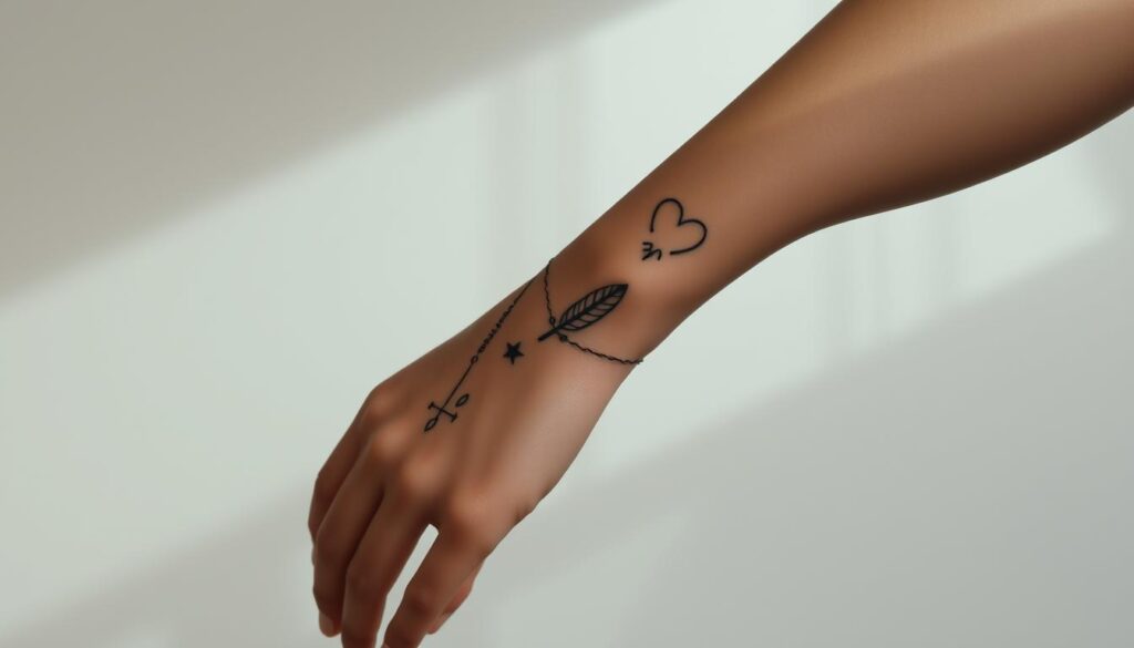A delicate array of intricate wrist tattoo designs, expertly rendered against a softly lit, minimalist backdrop. The tattoos themselves feature a harmonious blend of elegant line work, subtle shading, and meaningful symbolic motifs - perhaps a feather, a bird, a wave, or a simple yet powerful word. The composition emphasizes the graceful curves of the wrist, capturing the intimate, personal nature of these tattoos as outward expressions of one's inner journey. Gentle shadows and highlights accentuate the tattoos' depth and artistry, while the overall scene evokes a sense of quiet contemplation and self-reflection.