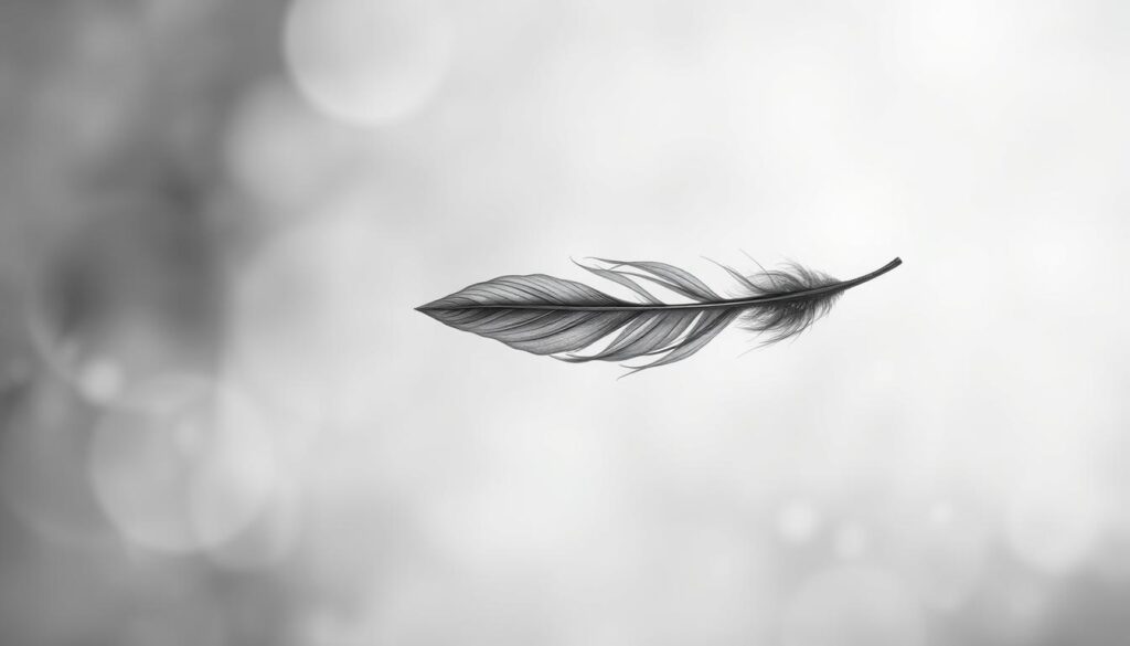 A delicate feather tattoo in shades of grey and white, with intricate details that capture the essence of lightness, freedom, and spirituality. The feather floats gracefully against a hazy, dreamlike background, bathed in soft, diffused lighting that creates a serene and contemplative atmosphere. The composition emphasizes the feather's delicate form, with subtle textures and shadows that add depth and dimension to the image. The overall aesthetic evokes a sense of tranquility and the connection between the physical and the ethereal, reflecting the cultural significance of the feather symbol across diverse traditions.