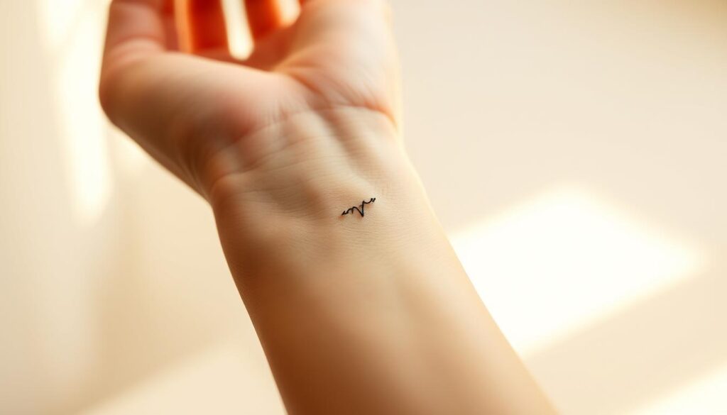 A delicate, minimalist tattoo on a slender wrist, subtly shining under warm, natural lighting. The design is a simple, elegant line or symbol, capturing the essence of personal expression and quiet self-reflection. The skin appears smooth and unblemished, the tattoo a whisper of meaning against the pale, luminous canvas. The composition emphasizes the graceful lines of the forearm, with a slight tilt of the hand to draw the eye to the thoughtful, introspective detail. The background is softly blurred, keeping the focus on the intimate, understated beauty of the small but meaningful body art.