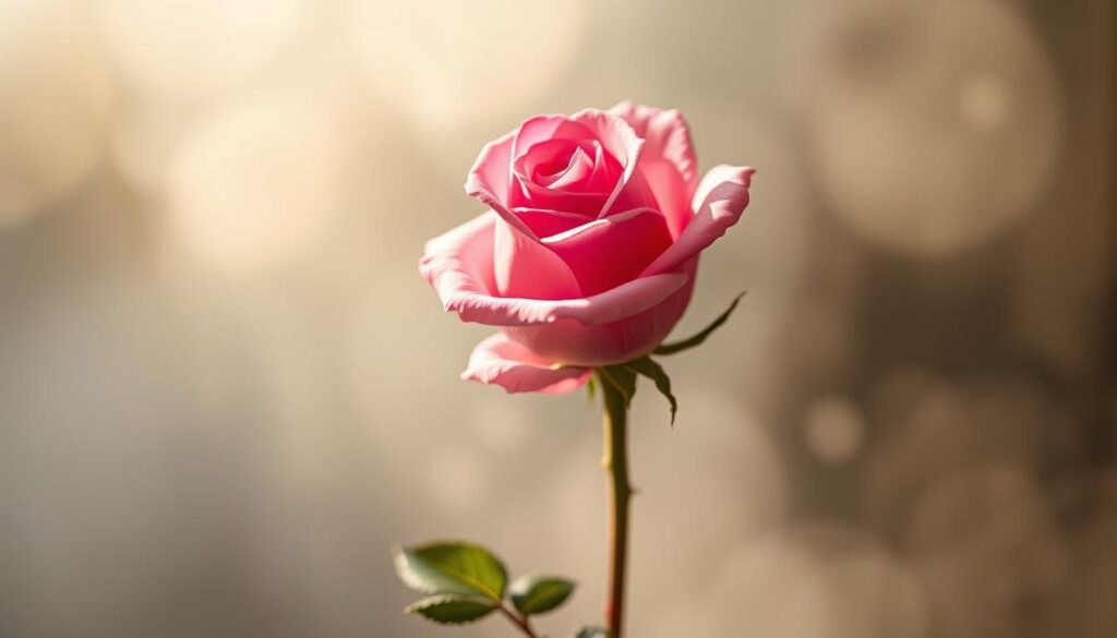 A delicate pink rose, its petals unfurling gracefully, stands as the centerpiece of the composition. The flower is rendered with intricate detail, capturing the velvety texture and vibrant hues. Surrounding the rose, a hazy, dreamlike background emerges, featuring soft, blurred strokes of light and shadow that create a sense of depth and atmosphere. The lighting is subtle and natural, casting a warm, mellow glow that enhances the rose's beauty. The overall mood is one of quiet contemplation, inviting the viewer to pause and reflect on the symbolic meaning of the rose in the context of a tattoo design.