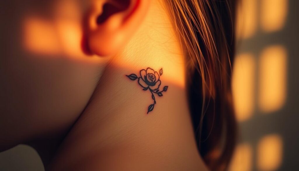 A delicate tattoo behind the ear, a symbol of hidden meaning and individuality. The design features a minimalist floral motif, its delicate petals and vines elegantly curving around the contours of the ear. Soft, warm lighting bathes the tattoo, casting gentle shadows that accentuate the intricate linework. The composition is centered and close-up, emphasizing the intimate, personal nature of this body art. The overall mood is one of subtle elegance and introspection, reflecting the thoughtful significance the wearer has ascribed to this discreet, yet meaningful, tattoo. A delicate tattoo behind the ear, a symbol of hidden meaning and individuality. The design features a minimalist floral motif, its delicate petals and vines elegantly curving around the contours of the ear. Soft, warm lighting bathes the tattoo, casting gentle shadows that accentuate the intricate linework. The composition is centered and close-up, emphasizing the intimate, personal nature of this body art. The overall mood is one of subtle elegance and introspection, reflecting the thoughtful significance the wearer has ascribed to this discreet, yet meaningful, tattoo.