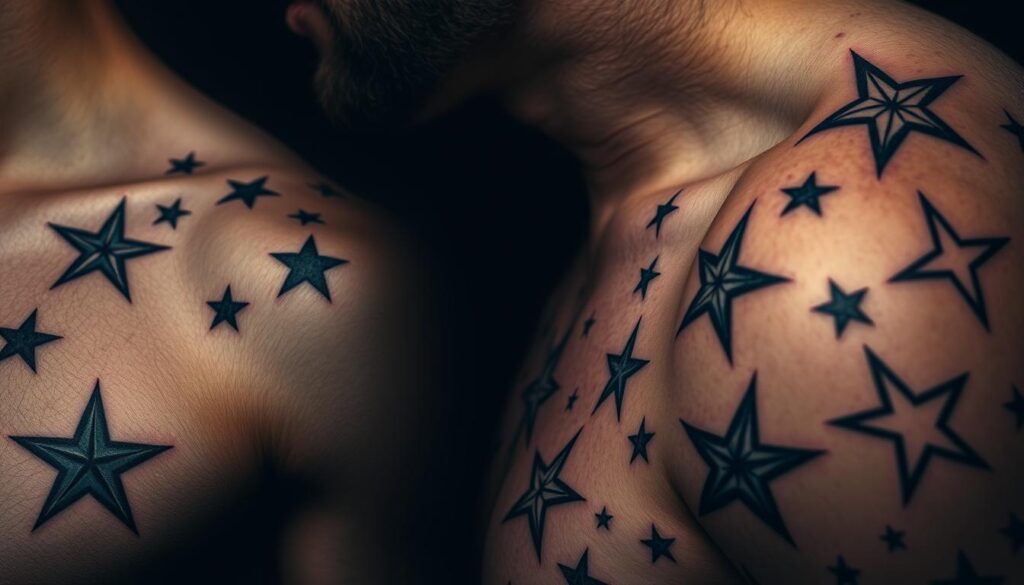 A detailed close-up shot of various star tattoo designs for men, showcased against a dark, moody background. The tattoos should feature intricate linework, bold shading, and a mix of realistic and abstract star patterns, ranging from simple single stars to complex constellations. The image should exude a sense of strength, spirituality, and personal significance, reflecting the meaningful symbolism behind men's star tattoos. Soft, dramatic lighting should accentuate the depth and texture of the tattoo artwork, creating an atmospheric, almost mystical ambiance. A detailed close-up shot of various star tattoo designs for men, showcased against a dark, moody background. The tattoos should feature intricate linework, bold shading, and a mix of realistic and abstract star patterns, ranging from simple single stars to complex constellations. The image should exude a sense of strength, spirituality, and personal significance, reflecting the meaningful symbolism behind men's star tattoos. Soft, dramatic lighting should accentuate the depth and texture of the tattoo artwork, creating an atmospheric, almost mystical ambiance.