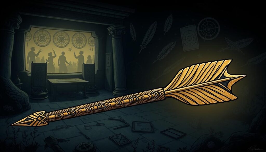 A detailed illustration depicting the historical symbolism and meaning of the arrow tattoo. In the foreground, a stylized arrow with intricate patterns and engravings, symbolizing ancient traditions and cultural significance. The middle ground showcases various arrow-related symbols, such as feathers, bows, and targets, hinting at the arrow's role in navigation, warfare, and personal growth. The background features a dimly lit, atmospheric setting with hints of ancient architecture and natural elements, conveying a sense of timelessness and cultural heritage. The overall composition and lighting create a contemplative and reverent mood, inviting the viewer to explore the deep-rooted meanings behind the arrow tattoo design.