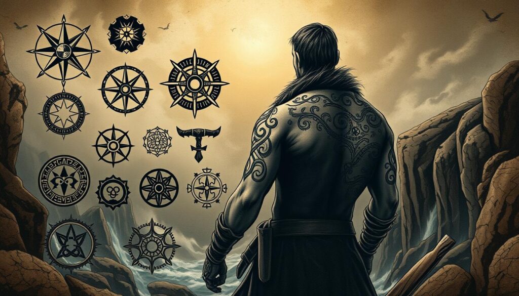 A detailed illustration of Viking tattoo symbolism, showcasing a collection of intricate Nordic designs against a backdrop of rugged, weathered textures. The foreground features a diverse array of iconic motifs, including the Vegvisir compass, Mjolnir hammer, Yggdrasil tree, and Valknut knot, all rendered in a bold, graphic style. The middle ground depicts a shadowy Viking warrior, their body adorned with these powerful emblems, conveying a sense of strength, courage, and connection to the rich mythology of the Norse people. The background evokes a moody, atmospheric setting, with subtle hints of natural elements like swirling mist, rocky cliffs, and a faint, golden glow, creating an immersive, otherworldly impression.