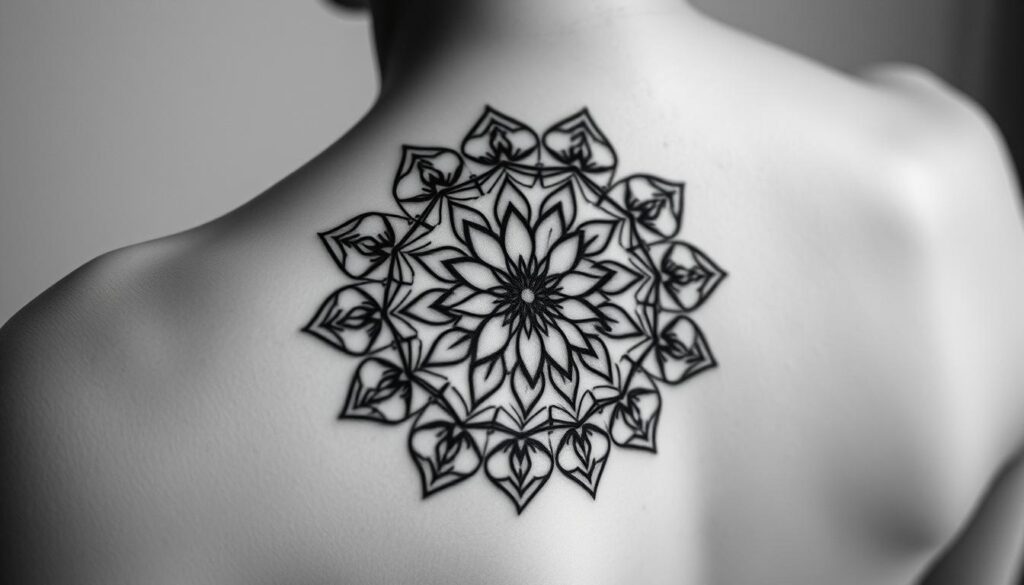 A detailed, intricately patterned mandala tattoo design, featuring a central lotus flower motif surrounded by concentric geometric rings and shapes. The design is rendered in a clean, minimalist black-and-white style, with sharp lines and precise symmetry. The tattoo appears to be placed on the upper back or shoulder, captured in a high-angle close-up shot that showcases the delicate linework and negative space. The lighting is soft and diffused, creating a serene, meditative atmosphere that complements the spiritual and harmonious nature of the mandala imagery.