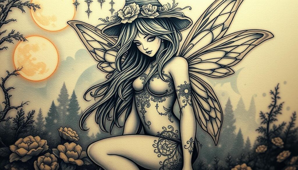 A detailed, mystical tattoo design featuring a beautiful fairy or witch character, surrounded by a lush, otherworldly landscape. The fairy has delicate features, flowing hair, and intricate floral or celestial patterns adorning her body. The background showcases a dreamy, enchanted forest or cosmic setting, with glowing moons, stars, and swirling energy. The overall composition should convey a sense of magic, spirituality, and the boundless power of the imagination. The lighting should be soft and diffused, creating an atmospheric, almost ethereal quality. The angle should be slightly angled to capture the full detail and mystique of the tattoo design.