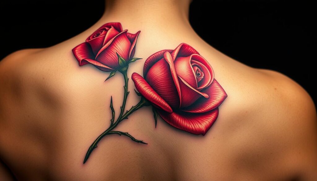 A detailed tattoo design of a delicate rose in full bloom, rendered with photorealistic precision. The rose petals unfurl in shades of deep crimson, with intricate veining and subtle gradients capturing the flower's natural textures. The stem emerges from the center, winding gracefully and adorned with thorns that glisten as if wet. The tattoo is depicted on lightly tanned, lifelike skin, with a sense of depth and dimension that suggests the three-dimensional form of the body. The lighting is soft and diffused, casting gentle shadows that accentuate the rose's sculptural quality. The overall composition is balanced and visually striking, conveying the symbolic meaning of the rose - a timeless representation of love, beauty, and profound emotional resonance.