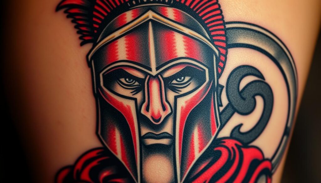 A detailed tattoo of a Spartan warrior, rendered in a bold, heroic style. The design features a fierce, battle-hardened face with piercing eyes, an angular jawline, and a prominent nose. The warrior's head is adorned with a Spartan helmet, its crest casting dramatic shadows across the face. In the background, a Spartan shield emblazoned with the iconic lambda symbol stands as a symbol of the warrior's unwavering courage and unyielding spirit. The tattoo is rendered with a vibrant palette, capturing the intense, fiery energy of the Spartan warrior and the honor and pride associated with this iconic symbol. A detailed tattoo of a Spartan warrior, rendered in a bold, heroic style. The design features a fierce, battle-hardened face with piercing eyes, an angular jawline, and a prominent nose. The warrior's head is adorned with a Spartan helmet, its crest casting dramatic shadows across the face. In the background, a Spartan shield emblazoned with the iconic lambda symbol stands as a symbol of the warrior's unwavering courage and unyielding spirit. The tattoo is rendered with a vibrant palette, capturing the intense, fiery energy of the Spartan warrior and the honor and pride associated with this iconic symbol.