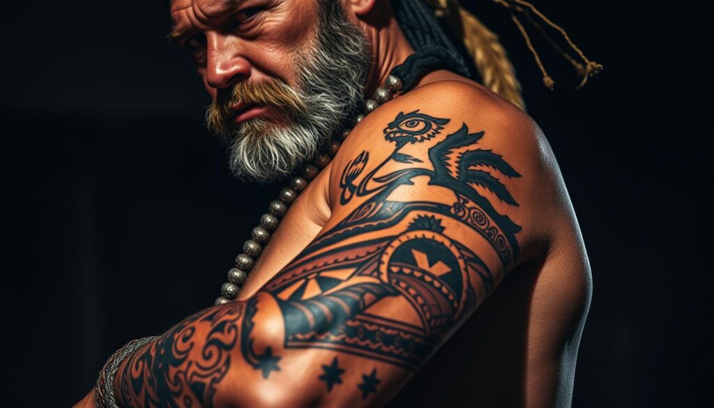 A detailed warrior's tattoo adorning the muscular arm of a proud warrior, symbolizing strength, courage, and the fierce protection of cherished cultural values. The intricate design featuring bold lines, vivid colors, and powerful imagery evokes the warrior's storied history and connection to their ancestral traditions. Dramatic low-angle lighting casts dramatic shadows, emphasizing the rugged, resolute expression of the warrior's face as they stand tall, embodying the indomitable spirit of their cultural heritage.