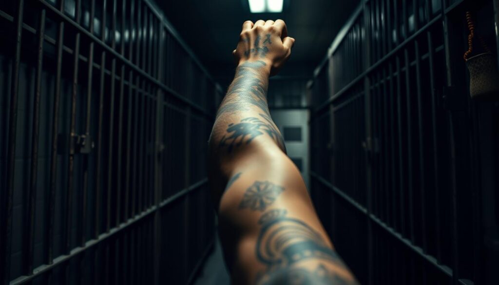 A dimly lit prison cell, the air heavy with the weight of past transgressions. In the center, a weathered, muscular arm extends, revealing a tapestry of intricate tattoos - symbols of a life on the margins, a visual chronicle of the inmate's journey. The tattoos, once a means of self-expression, now serve as a language, a code that whispers of hierarchy, allegiances, and the scars of a troubled past. The image captures the essence of the prison subculture, where these markings hold profound significance, shaping identity and commanding respect within the confines of the system. A dimly lit prison cell, the air heavy with the weight of past transgressions. In the center, a weathered, muscular arm extends, revealing a tapestry of intricate tattoos - symbols of a life on the margins, a visual chronicle of the inmate's journey. The tattoos, once a means of self-expression, now serve as a language, a code that whispers of hierarchy, allegiances, and the scars of a troubled past. The image captures the essence of the prison subculture, where these markings hold profound significance, shaping identity and commanding respect within the confines of the system.