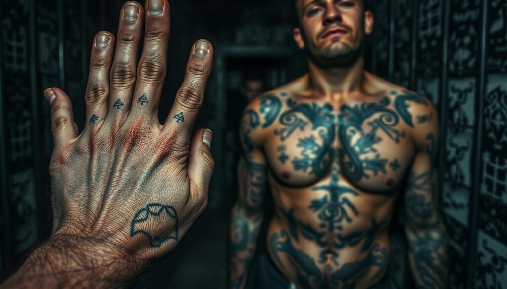 A dimly lit prison cell, the walls adorned with a tapestry of intricate, symbolic tattoos. In the foreground, a weathered hand displays a prominent design, each line and curve telling a story of the inmate's past. The middle ground reveals the tattered, muscular torso of the prisoner, their skin a canvas of motifs that convey a sense of hierarchy, allegiance, and personal history. In the background, a shadowy figure emerges, their own tattoos hinting at a complex web of relationships and experiences within the penitentiary system. The scene is captured with a gritty, documentary-style lens, conveying the harsh realities of life behind bars and the profound significance of these corporeal marks. A dimly lit prison cell, the walls adorned with a tapestry of intricate, symbolic tattoos. In the foreground, a weathered hand displays a prominent design, each line and curve telling a story of the inmate's past. The middle ground reveals the tattered, muscular torso of the prisoner, their skin a canvas of motifs that convey a sense of hierarchy, allegiance, and personal history. In the background, a shadowy figure emerges, their own tattoos hinting at a complex web of relationships and experiences within the penitentiary system. The scene is captured with a gritty, documentary-style lens, conveying the harsh realities of life behind bars and the profound significance of these corporeal marks.