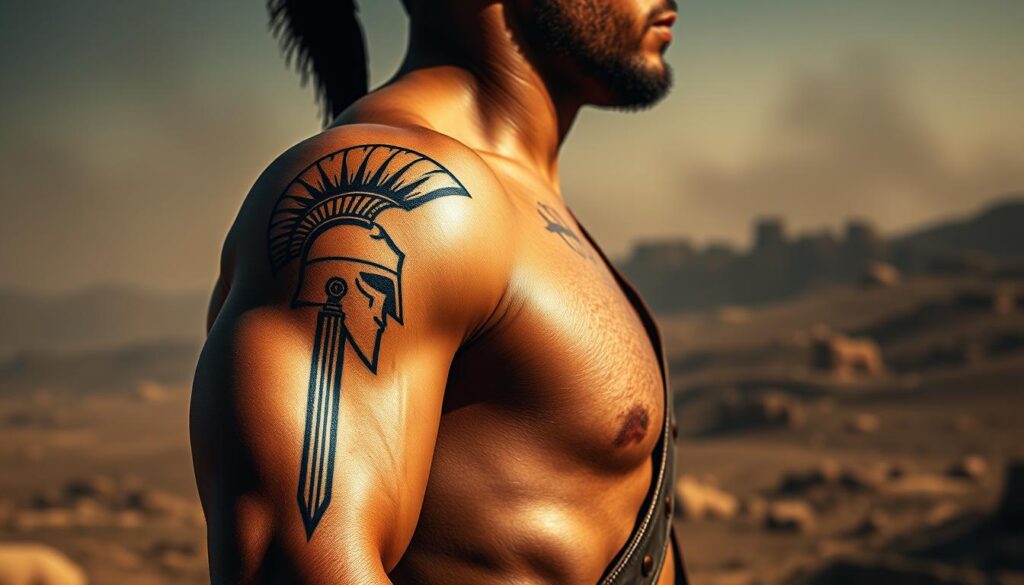 A dramatic, photorealistic depiction of the Spartan warrior tattoo, its bold lines and intricate details emblematic of the Spartan ethos. The foreground features the tattoo's symbolic imagery - a Corinthian helmet, a sword, and a shield - rendered with striking clarity. The middle ground showcases the muscular arm of a Spartan soldier, the tattoo standing out in vivid contrast against the tanned skin. The background is a hazy, sepia-toned landscape evoking the harsh, rugged terrain of ancient Sparta, suggesting the warrior's unwavering spirit and commitment to their code. Dramatic chiaroscuro lighting casts dramatic shadows, heightening the sense of power and resolve. The overall atmosphere conveys the deep significance and enduring legacy of the Spartan tattoo. A dramatic, photorealistic depiction of the Spartan warrior tattoo, its bold lines and intricate details emblematic of the Spartan ethos. The foreground features the tattoo's symbolic imagery - a Corinthian helmet, a sword, and a shield - rendered with striking clarity. The middle ground showcases the muscular arm of a Spartan soldier, the tattoo standing out in vivid contrast against the tanned skin. The background is a hazy, sepia-toned landscape evoking the harsh, rugged terrain of ancient Sparta, suggesting the warrior's unwavering spirit and commitment to their code. Dramatic chiaroscuro lighting casts dramatic shadows, heightening the sense of power and resolve. The overall atmosphere conveys the deep significance and enduring legacy of the Spartan tattoo.