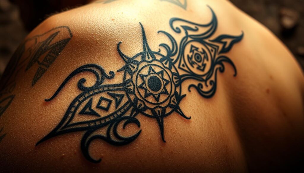 A dramatic tribal tattoo design, featuring intricate geometric patterns and symbolic shapes. The tattoo is depicted in a close-up view, capturing the richness of the linework and the depth of the shading. The design is set against a muted, earthy background, creating a sense of timelessness and cultural heritage. The lighting is soft and diffused, emphasizing the organic textures and the depth of the tattoo's design. The overall mood is one of reverence and spiritual significance, reflecting the deep-rooted traditions and beliefs associated with tribal tattoos.