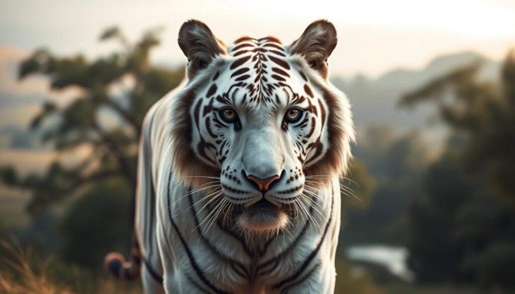 A majestic white tiger, its piercing gaze fixed on the viewer, stands in a serene natural setting. Soft, diffused lighting illuminates the tiger's striking features, accentuating its powerful musculature and the intricate patterns of its fur. The tiger's expression conveys a sense of strength, determination, and independent spirit, embodying the essence of the "white tiger" tattoo motif. In the background, a lush, dreamlike landscape with swaying trees and a hint of a flowing river creates a tranquil, ethereal atmosphere, complementing the subject's aura of nobility and mystique.