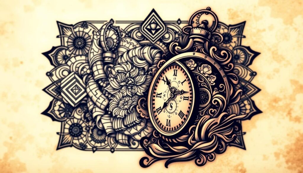 A meticulously crafted tattoo design depicting the symbolism of a clock against a backdrop of intricate, hypnotizing patterns. The foreground showcases an analog timepiece with ornate, vintage-inspired details, its hands frozen in a contemplative moment, subtly hinting at the passage of time and the ephemeral nature of life. The middle ground features a swirling tapestry of geometric shapes, lines, and organic motifs, creating a mesmerizing, visually striking composition that draws the viewer's eye inward. The background bathes the scene in a warm, earthy palette, evoking a sense of timelessness and introspection. Soft, directional lighting illuminates the tattoo's intricate design, lending depth and dimension to the overall image. A meticulously crafted tattoo design depicting the symbolism of a clock against a backdrop of intricate, hypnotizing patterns. The foreground showcases an analog timepiece with ornate, vintage-inspired details, its hands frozen in a contemplative moment, subtly hinting at the passage of time and the ephemeral nature of life. The middle ground features a swirling tapestry of geometric shapes, lines, and organic motifs, creating a mesmerizing, visually striking composition that draws the viewer's eye inward. The background bathes the scene in a warm, earthy palette, evoking a sense of timelessness and introspection. Soft, directional lighting illuminates the tattoo's intricate design, lending depth and dimension to the overall image.