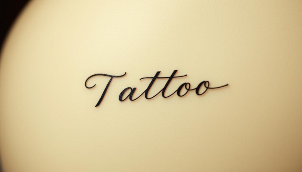 A minimalist calligraphic tattoo design featuring a carefully crafted cursive script, set against a soft, diffused background. The text is elegantly balanced, with delicate lines and gentle flourishes that evoke a sense of contemplation and personal expression. The lighting is subtle, creating dimensional shadows that accentuate the three-dimensional nature of the design. The overall mood is one of understated sophistication, inviting the viewer to appreciate the thoughtful selection and placement of the tattoo text.