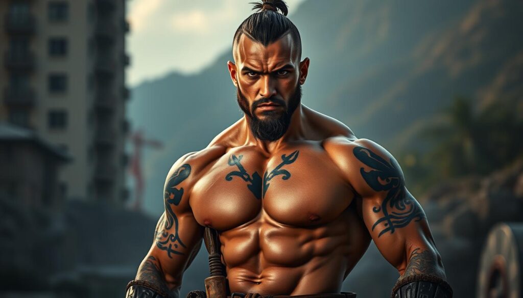 A muscular, modern warrior stands resolute, their tattoos emblazoning their skin with ancient symbols of strength and courage. Dramatic lighting casts dramatic shadows, emphasizing the rugged features and intense gaze. The background is a blend of urban and natural elements, reflecting the warrior's position as a symbol of resilience in a changing world. The composition is dynamic, capturing the warrior's power and determination to uphold their values in the face of adversity. The overall atmosphere is one of unwavering spirit and the enduring significance of the warrior archetype in contemporary times.