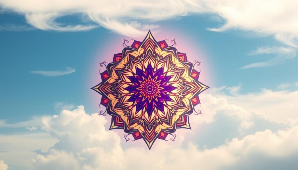 A mystical mandala tattoo design floating amidst a serene, ethereal landscape. The intricate circular pattern is rendered in bold, vibrant colors, evoking a sense of spiritual harmony and balance. The mandala's symmetric design is surrounded by a glowing aura, bathed in soft, diffused lighting that casts gentle shadows. In the background, wispy clouds drift across a pale blue sky, creating a tranquil, meditative atmosphere. The overall composition conveys the deep, sacred meaning behind mandala tattoos - a symbol of the interconnectedness of the universe and the journey towards inner peace and enlightenment.
