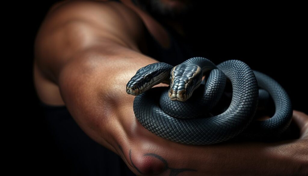 A powerful snake coils around a muscular arm, its scales glistening with an ethereal energy. The serpent's intense gaze pierces the viewer, conveying a sense of primal strength and transformation. The tattoo's design is intricate, blending bold linework with subtle shading to create a mesmerizing, almost hypnotic effect. The background is shrouded in dramatic chiaroscuro lighting, casting dramatic shadows that accentuate the tattoo's dynamic presence. The overall composition exudes a sense of raw, undeniable power - a visual representation of the deep significance and transformative nature of the snake tattoo.