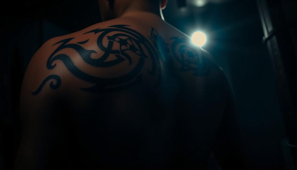 A powerful tribal tattoo design with intricate lines and shapes, capturing the essence of strength, heritage, and identity. The tattoo is depicted against a backdrop of a dimly lit, shadowy environment, creating an atmosphere of mystery and depth. The lighting is dramatic, with highlights accentuating the details of the tattoo and its symbolic meaning. The angle is slightly angled, giving the viewer a sense of immersion and connection with the subject. The overall tone is one of reverence and respect for the cultural significance of this timeless form of self-expression.