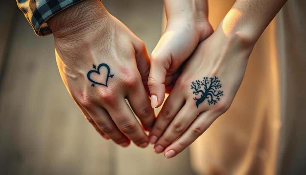 A romantic couple's entwined hands, palms pressed together, fingers intertwined, symbolizing their deep connection and unity. Intricate tattoo designs, flowing seamlessly between their skin, depict representations of their shared journey - a heart, a compass, a tree of life. The tattoos appear delicately inked, with a soft, ethereal quality, bathed in warm, golden lighting that casts gentle shadows, creating a sense of intimacy and tenderness. The background is subtly blurred, keeping the focus on the couple's symbolic, meaningful body art. A romantic couple's entwined hands, palms pressed together, fingers intertwined, symbolizing their deep connection and unity. Intricate tattoo designs, flowing seamlessly between their skin, depict representations of their shared journey - a heart, a compass, a tree of life. The tattoos appear delicately inked, with a soft, ethereal quality, bathed in warm, golden lighting that casts gentle shadows, creating a sense of intimacy and tenderness. The background is subtly blurred, keeping the focus on the couple's symbolic, meaningful body art.