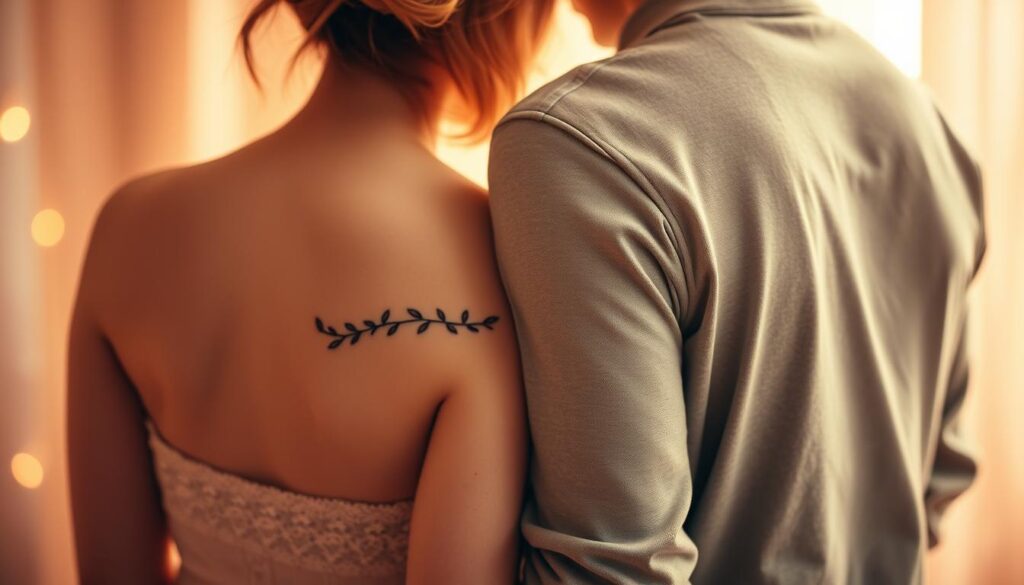 A serene and intimate depiction of interlocking symbolic tattoos shared between a loving couple. Set against a soft, romantic backdrop, the tattoos feature a harmonious blend of complementary designs - perhaps a pair of delicate, entwined vines or a shared motif that represents their unbreakable bond. Warm, muted lighting casts a gentle glow, evoking a sense of deep connection and devotion. The tattoos themselves are rendered with intricate detail, showcasing the craftsmanship and personal significance behind this shared expression of their relationship. A serene and intimate depiction of interlocking symbolic tattoos shared between a loving couple. Set against a soft, romantic backdrop, the tattoos feature a harmonious blend of complementary designs - perhaps a pair of delicate, entwined vines or a shared motif that represents their unbreakable bond. Warm, muted lighting casts a gentle glow, evoking a sense of deep connection and devotion. The tattoos themselves are rendered with intricate detail, showcasing the craftsmanship and personal significance behind this shared expression of their relationship.