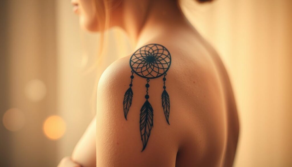 A serene, ethereal dreamcatcher-inspired tattoo design against a backdrop of soft, glowing light. The focal point is a delicate, intricately woven dreamcatcher motif, its feathers and threads flowing gracefully across the skin. The design evokes a sense of spiritual purity and inner peace, with wispy, translucent orbs or energy flows surrounding the tattoo. The lighting is warm and diffused, creating a contemplative, meditative atmosphere. The overall composition emphasizes the tattoo's symbolic connection to the tranquility of the mind and the cleansing of the soul. A serene, ethereal dreamcatcher-inspired tattoo design against a backdrop of soft, glowing light. The focal point is a delicate, intricately woven dreamcatcher motif, its feathers and threads flowing gracefully across the skin. The design evokes a sense of spiritual purity and inner peace, with wispy, translucent orbs or energy flows surrounding the tattoo. The lighting is warm and diffused, creating a contemplative, meditative atmosphere. The overall composition emphasizes the tattoo's symbolic connection to the tranquility of the mind and the cleansing of the soul.