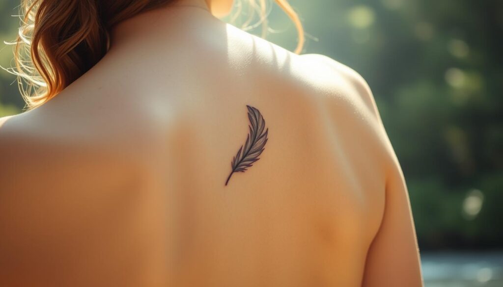 A serene, sun-dappled scene of a feminine figure's back, delicately adorned with a graceful, minimalist tattoo of a feather. The skin is luminous and ethereal, the feather's soft plumes seem to float weightlessly, capturing the essence of lightness and spirituality. The background is a tranquil, natural setting - perhaps a lush, verdant forest glade or a secluded beach, with hazy, atmospheric lighting that imbues the image with a sense of tranquility and introspection. The overall composition and mood evoke the symbolism of the feather tattoo - a representation of the soul's freedom, connection to nature, and inner peace.