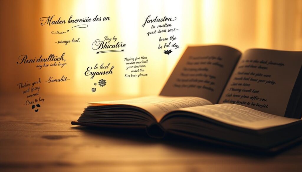 A serene, warm-lit scene showcasing a collection of inspirational tattoo lettering designs. In the foreground, a series of delicately penned tattoo stencils featuring elegant cursive scripts, uplifting quotes, and symbolic motifs float against a softly blurred backdrop. The middle ground reveals a leather-bound book of thoughtfully curated "cytaty tatuaży" (tattoo quotes), its pages open to reveal the handwritten verses. The background bathes in a mellow, golden glow, evoking a sense of introspection and personal significance. Subtle textures, minimalist composition, and a focus on the power of language and sentiment create an image that captures the essence of meaningful tattoo art.