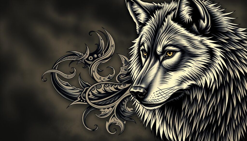 A striking, highly detailed illustration of wolf tattoo designs, showcasing a majestic, powerful wolf in the foreground, its fur rendered with a captivating, lifelike texture. The wolf's gaze is intense and piercing, conveying a sense of strength, loyalty, and the untamed spirit of freedom. In the middle ground, intricate, swirling tattoo patterns intertwine, featuring tribal elements, geometric shapes, and natural motifs that complement the wolf's presence. The background is rendered with a moody, atmospheric lighting, casting dramatic shadows and highlights that heighten the sense of drama and artistry. The overall composition is balanced and harmonious, creating a visually striking and thematically relevant image to accompany the article section on the design possibilities for wolf tattoos. A striking, highly detailed illustration of wolf tattoo designs, showcasing a majestic, powerful wolf in the foreground, its fur rendered with a captivating, lifelike texture. The wolf's gaze is intense and piercing, conveying a sense of strength, loyalty, and the untamed spirit of freedom. In the middle ground, intricate, swirling tattoo patterns intertwine, featuring tribal elements, geometric shapes, and natural motifs that complement the wolf's presence. The background is rendered with a moody, atmospheric lighting, casting dramatic shadows and highlights that heighten the sense of drama and artistry. The overall composition is balanced and harmonious, creating a visually striking and thematically relevant image to accompany the article section on the design possibilities for wolf tattoos.