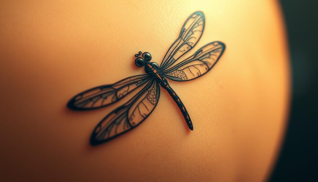 A stunning close-up shot of an intricate dragonfly tattoo, its gossamer wings unfurling in delicate detail. The design is rendered in rich, earthy tones, with a focus on the graceful form and symbolic significance of the dragonfly - a representation of transformation, lightness, and spiritual growth. The tattoo is captured against a blurred, ethereal background that evokes a sense of serenity and introspection. Soft, warm lighting illuminates the intricate linework and vibrant ink, creating a captivating and visually striking image that perfectly encapsulates the meaning and essence of this meaningful body art. A stunning close-up shot of an intricate dragonfly tattoo, its gossamer wings unfurling in delicate detail. The design is rendered in rich, earthy tones, with a focus on the graceful form and symbolic significance of the dragonfly - a representation of transformation, lightness, and spiritual growth. The tattoo is captured against a blurred, ethereal background that evokes a sense of serenity and introspection. Soft, warm lighting illuminates the intricate linework and vibrant ink, creating a captivating and visually striking image that perfectly encapsulates the meaning and essence of this meaningful body art.