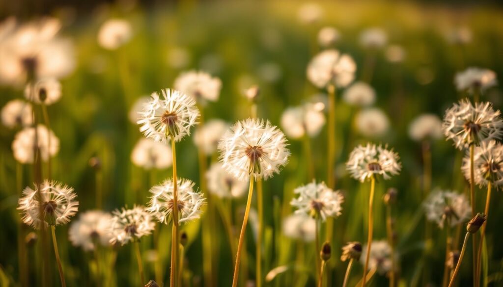 A stunning field of delicate dandelion puffs, their wispy silhouettes dancing in a soft, golden light. The feathery seed heads sway gracefully, their ephemeral beauty capturing the essence of fleeting moments and dreams taking flight. In the lush, verdant background, a sense of tranquility and freedom pervades, inviting the viewer to pause and reflect on the impermanence of life. The image is framed with a shallow depth of field, drawing the eye to the captivating central motif and imbuing the scene with a sense of timelessness and artistic elegance.