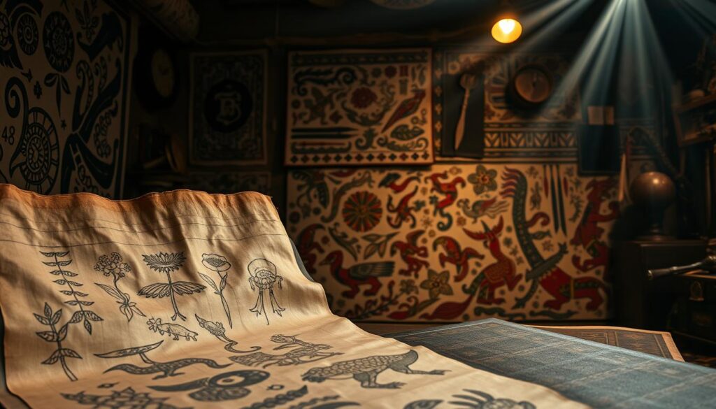 A tapestry of ancient etchings and tribal motifs, chronicling the timeless evolution of tattooing across cultures. In the foreground, a weathered parchment unfurls, revealing intricate line drawings of symbolic flora and fauna. The middle ground showcases a mosaic of traditional tattoo designs, their bold colors and geometric patterns echoing the rich heritage of this art form. In the background, a dimly lit studio setting evokes the intimate, ritualistic nature of the tattoo process, with vintage tools and instruments casting an atmospheric glow. Beams of warm light filter through, illuminating the depth and complexity of this captivating visual history. A tapestry of ancient etchings and tribal motifs, chronicling the timeless evolution of tattooing across cultures. In the foreground, a weathered parchment unfurls, revealing intricate line drawings of symbolic flora and fauna. The middle ground showcases a mosaic of traditional tattoo designs, their bold colors and geometric patterns echoing the rich heritage of this art form. In the background, a dimly lit studio setting evokes the intimate, ritualistic nature of the tattoo process, with vintage tools and instruments casting an atmospheric glow. Beams of warm light filter through, illuminating the depth and complexity of this captivating visual history.