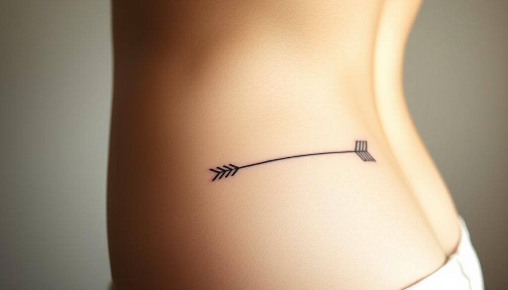 A tasteful, delicate tattoo design featuring minimalist arrow motifs on a woman's skin. The arrows are rendered in a fine, elegant line art style, subtly accentuating the curves of the body. Backlighting gently illuminates the tattoos, casting a soft, ethereal glow. The composition emphasizes the arrows' symbolic meaning of direction, determination and overcoming obstacles. The overall aesthetic is refined, feminine and empowering, suitable for a modern, self-assured woman.