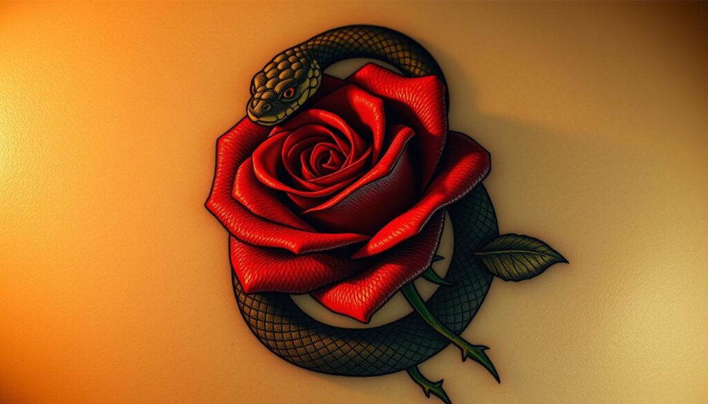 A tattoo of a serpent entwined with a lush red rose, its thorned stem winding gracefully around the snake's sinuous body. The artwork is rendered in a photorealistic style, with meticulous attention to detail. Warm, dramatic lighting casts dramatic shadows, heightening the sense of dualism and temptation. The snake's reptilian scales glisten, its coiled form conveying a sense of power and primal allure. The rose's petals are captured in vivid, vibrant hues, their softness contrasting with the snake's raw, primal energy. The composition is balanced, the two elements in perfect harmony, symbolizing the interplay of desire, danger, and the duality of human nature.