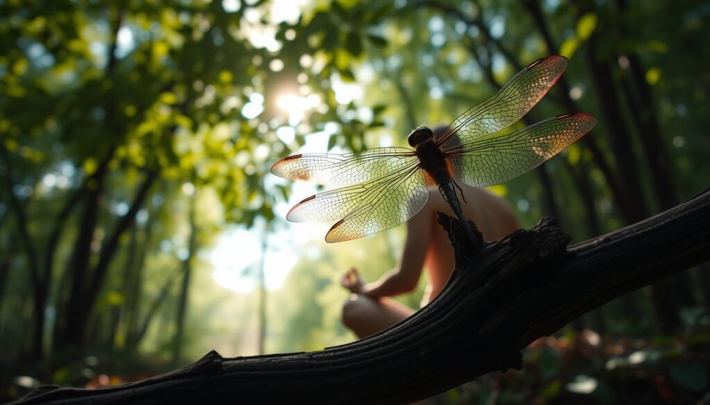 A tranquil woodland scene, the gentle sunlight filtering through the canopy of verdant leaves. In the foreground, a majestic dragonfly rests on a weathered branch, its iridescent wings catching the light in a mesmerizing display. The insect's form reflects the transformative journey of the human psyche, a symbol of personal growth and spiritual awakening. In the middle ground, a figure sits in a meditative pose, their skin adorned with the intricate linework of a dragonfly tattoo, a physical manifestation of their inner metamorphosis. The background is softly blurred, allowing the viewer to focus on the interplay between the natural world and the human experience. The overall mood is one of contemplation, serenity, and the profound connection between the self and the natural order. A tranquil woodland scene, the gentle sunlight filtering through the canopy of verdant leaves. In the foreground, a majestic dragonfly rests on a weathered branch, its iridescent wings catching the light in a mesmerizing display. The insect's form reflects the transformative journey of the human psyche, a symbol of personal growth and spiritual awakening. In the middle ground, a figure sits in a meditative pose, their skin adorned with the intricate linework of a dragonfly tattoo, a physical manifestation of their inner metamorphosis. The background is softly blurred, allowing the viewer to focus on the interplay between the natural world and the human experience. The overall mood is one of contemplation, serenity, and the profound connection between the self and the natural order.