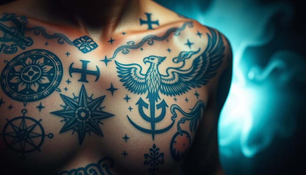 A vivid and detailed tattoo artwork, showcasing a collection of symbolic tattoo designs. The foreground features an intricate and striking tattoo pattern, with each element imbued with profound meaning - a compass rose, a phoenix rising, an ancient rune, and other esoteric symbols. The middle ground depicts the human skin canvas, with the tattoo expertly rendered, capturing the texture and shading. In the background, a soft, ethereal glow illuminates the scene, creating an atmospheric and mystical ambiance. The lighting is soft and diffused, accentuating the depth and complexity of the tattoo design. The overall composition conveys a sense of personal significance, a visual representation of the wearer's beliefs, experiences, and identity. A vivid and detailed tattoo artwork, showcasing a collection of symbolic tattoo designs. The foreground features an intricate and striking tattoo pattern, with each element imbued with profound meaning - a compass rose, a phoenix rising, an ancient rune, and other esoteric symbols. The middle ground depicts the human skin canvas, with the tattoo expertly rendered, capturing the texture and shading. In the background, a soft, ethereal glow illuminates the scene, creating an atmospheric and mystical ambiance. The lighting is soft and diffused, accentuating the depth and complexity of the tattoo design. The overall composition conveys a sense of personal significance, a visual representation of the wearer's beliefs, experiences, and identity.