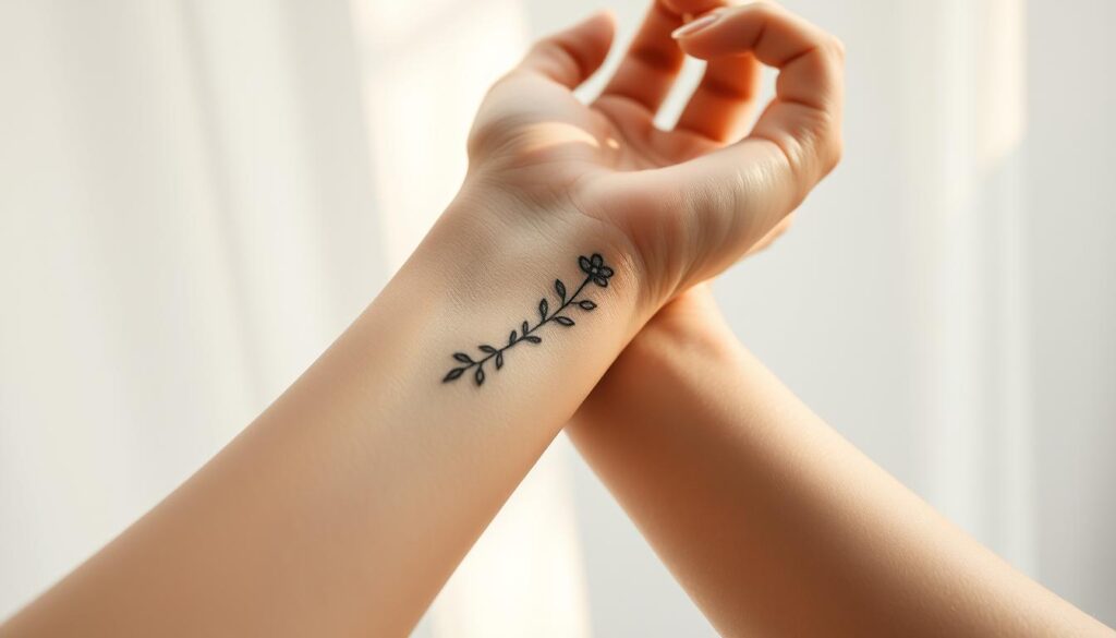 Delicate, feminine wrist tattoos against a soft, ethereal backdrop. A closeup view showcasing the intricate designs - floral motifs, elegant lines, and subtle symbols that hold personal meaning. Diffused lighting casts a warm, romantic glow, highlighting the tattoos' nuances and the smooth, youthful skin they adorn. The composition emphasizes the wrist's graceful contours, creating an intimate, contemplative atmosphere that captures the significance and emotional resonance of these meaningful body art pieces.