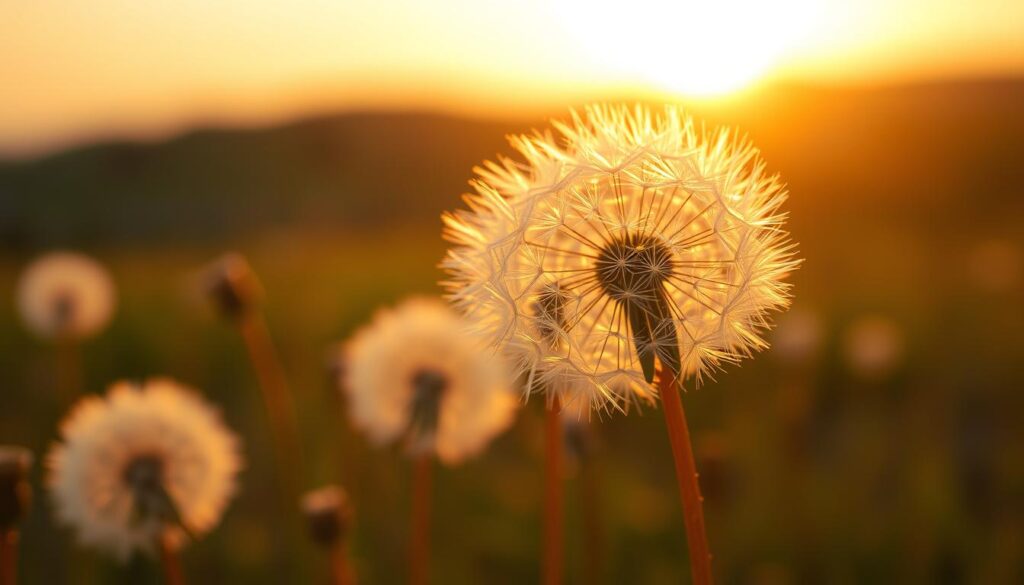 Detailed close-up of ethereal dandelion flowers in a field, against a softly blurred background of rolling hills and a warm, golden sunset sky. The dandelion seeds gently float and drift, conveying a sense of fragility, transience, and the free flow of dreams and desires. Delicate, high-key lighting illuminates the fluffy, wispy texture of the dandelion seeds, creating a mesmerizing, almost otherworldly scene. The composition places the dandelion as the central focus, emphasizing its symbolic meaning of impermanence, whimsy, and personal freedom.