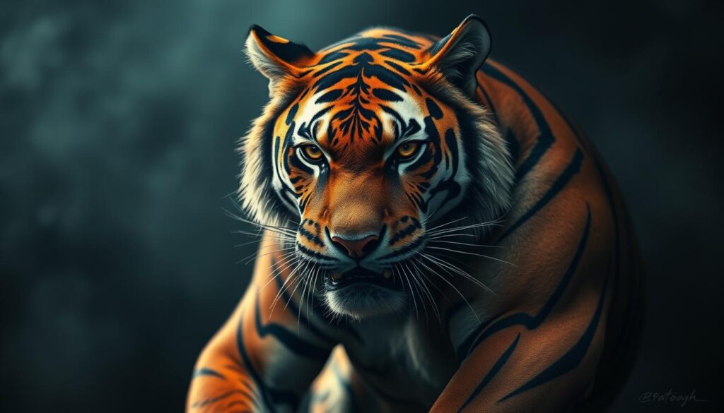 Detailed portrait of a fierce tiger tattoo in a dramatic, shadowy lighting. The tiger's powerful muscles ripple beneath its orange-and-black striped fur, its piercing gaze conveying a sense of strength, courage, and independence. The tattoo is depicted with intricate, lifelike details, capturing the animal's majestic presence. The background is hazy and mysterious, with a play of light and shadow that heightens the tattoo's intensity and symbolic meaning. Rendered with a focus on realism and emotional impact, reflecting the significance of the tiger as a symbol of personal transformation and unwavering spirit.