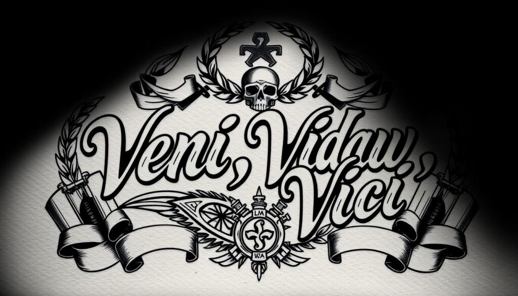 Detailed tattoo illustrations in a bold, authoritative style depicting the Latin phrase "Veni, Vidi, Vici" - "I came, I saw, I conquered". Expressive calligraphic lettering in a classic serif font, surrounded by a dynamic composition of laurel wreaths, Roman legionary emblems, and triumphal arches. Dramatic chiaroscuro lighting creates deep shadows and highlights the textural depth of the tattoo designs. The overall aesthetic conveys a sense of power, achievement, and unwavering self-assurance. Detailed tattoo illustrations in a bold, authoritative style depicting the Latin phrase "Veni, Vidi, Vici" - "I came, I saw, I conquered". Expressive calligraphic lettering in a classic serif font, surrounded by a dynamic composition of laurel wreaths, Roman legionary emblems, and triumphal arches. Dramatic chiaroscuro lighting creates deep shadows and highlights the textural depth of the tattoo designs. The overall aesthetic conveys a sense of power, achievement, and unwavering self-assurance.