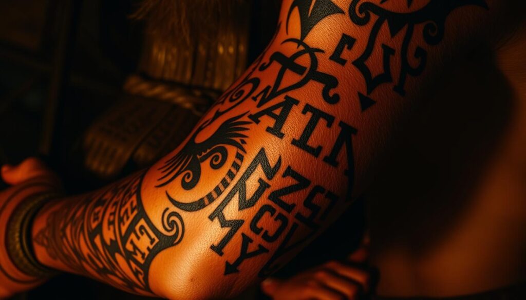 Intricate Viking tattoos adorning muscular forearms, symbolizing the mythical power and warrior spirit of the Norsemen. A dimly lit scene, cast in a warm, sepia-toned hue, showcases the rugged, weathered skin of a seasoned Viking warrior. Runes and tribal patterns weave across the skin, each marking a story of valor, triumph, and the reverence for Norse gods. The tattoos appear to almost shimmer and come alive, hinting at the profound significance they hold within Viking culture. The image exudes a sense of ancient, primal energy, inviting the viewer to delve deeper into the rich mythology and warrior ethos of the Vikings.